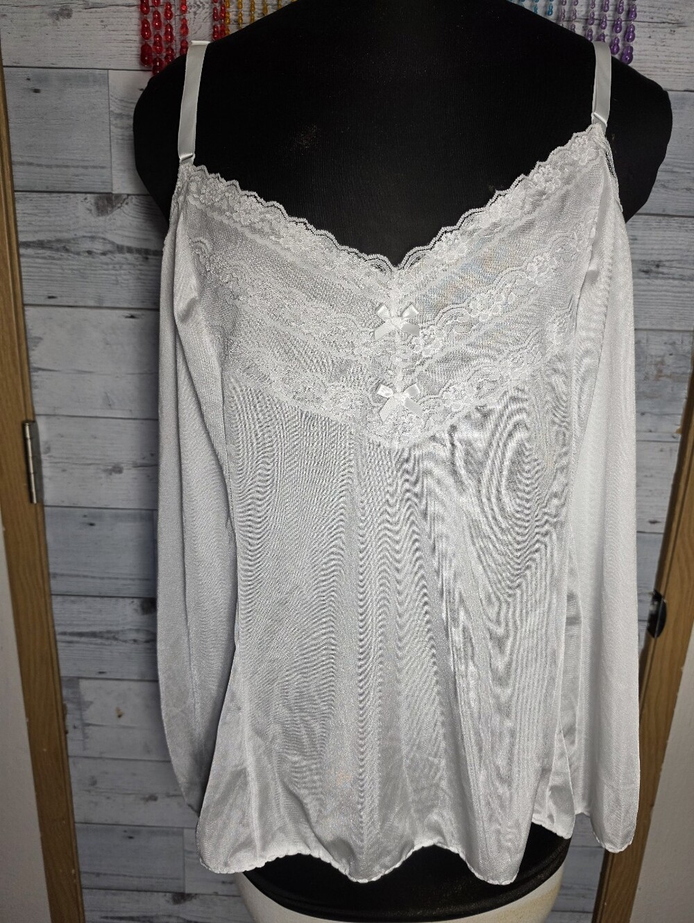 Vtg 80's White Lace Trim Nylon Satin Camisole Top Coquette Soft Girl Dollette